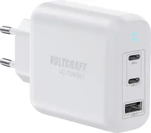 Voltcraft UC-70W001 USB lādētājs 70W ar 1x USB-A un 2x USB-C pieslēgvietām, GaN tehnoloģija, USB PD 3.2