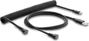 Delock Magnetisches Spiralkabel USB 2.0 Typ-A Stecker zu Pogo 4 Pin Stecker + USB Type-C Stecker zu Pogo 4 Pin Buchse Set schwarz 1,5 m (90992)
