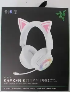 Razer Kraken Kitty V3 Pro bezvadu austiņas, baltas, 40mm draiveri, 20-28kHz, Bluetooth, 2.4 GHz, USB vadu savienojums