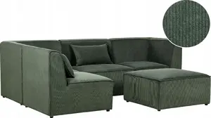 Beliani LEMVIG 4-Seater Modular Corner Sofa with Ottoman, Right-Handed, Corduroy, Dark Green