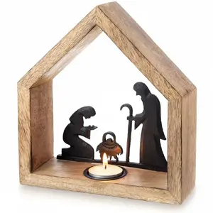 Dekoracja świąteczna Lumarko Świecznik drewniany na tealight Szopka Bożonarodzeniowa MANGO 20x6x22 cm