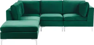 Beliani EVJA 4-Seater Modular Corner Sofa with Ottoman, Right-Handed Velvet, Green