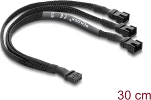 Delock Lüfterkabel Splitter 1 x 4 Pin PWM Buchse zu Stecker + 2 x 4 Pin Stecker (3 Pins belegt) mit Geflechtummantelung 30 cm schwarz (91341)