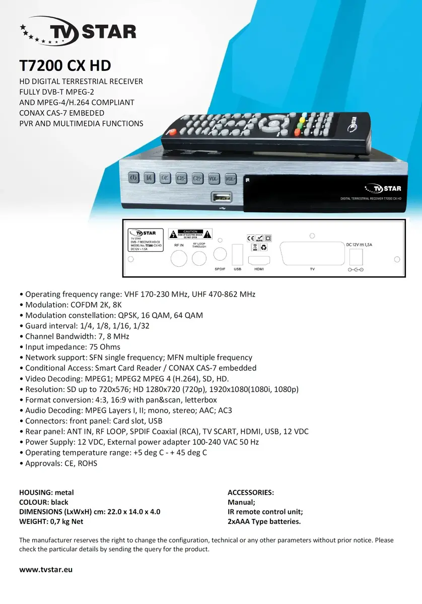 eSTAR T 7200 CX HD digitālais TV uztvērējs Photo 3