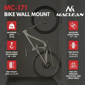 Maclean MC-171 Wall-Mounted Bike Rack, Steel, Vertical Hanger with Adjustable Tilt, 35 kg Capacity