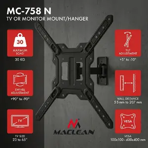 Maclean MC-758 N sienas stiprinājums 23-65 collu televizoriem un monitoriem, VESA 400x400, kravnesība 30 kg