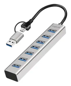 LogiLink USB 3.0 centrmezgls UA0441 ar 7 USB-A pieslēgvietām 5 Gbit/s pelēks alumīnija 2-in-1 kabelis