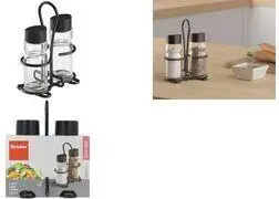 Metaltex Spice Line Salt and Pepper Set, 3-Piece Glass Shaker Set with Black Lids