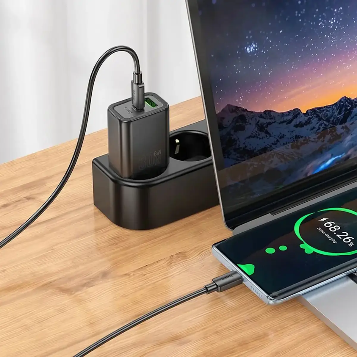 HOCO N63 30W GaN Sienas Lādētājs USB-C/USB-A Melns Photo 4