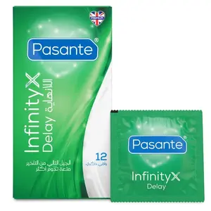 PASANTE Delay Infinity Prezervatīvi 12 gabali no dabīgā lateksa anatomiskā formā ar aizkavējošu lubrikantu