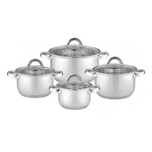 Set of pots 4-piece Rosberg 55R51210L8 stainless steel with multi-layered thermal bottom, tempered glass lids, and induction compatibility