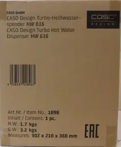 SALE OUT. Caso HW 616 Turbo Hot Water Dispenser, Capacity 2.5 L, Stainless steel, Black | SALE OUT. Caso Turbo Hot Water Dispenser | HW 616 | Water Dispenser | 2600 W | 2.5 L | Plastic/Stainless Steel | Black/Stainless Steel | DAMAGED PACKAGING