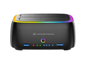 Conceptronic DONN36B Divu nodalījumu RGB cietā diska dokstacija 2.5/3.5 collu HDD SSD ar USB 3.2 Gen 1 Type-C 2 x USB A un SD/TF karšu lasītāju