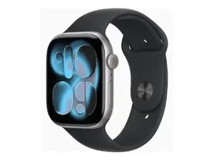 Apple Watch Series 11 GPS + Cellular 46 mm, obudowa z aluminium w kolorze gwiezdnej szarości z czarnym paskiem sportowym – rozmiar S/M