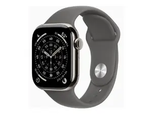 Apple Watch Series 11 GPS + Cellular 42 mm z kopertą w kolorze naturalnego tytanu i paskiem sportowym w kolorze kamiennej szarości – rozmiar M/L