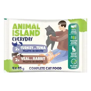 ANIMAL ISLAND Mitrā kaķu barība Teļa, trusīša, tītara un tūņa fileja buljonā pieaugušiem kaķiem komplekts