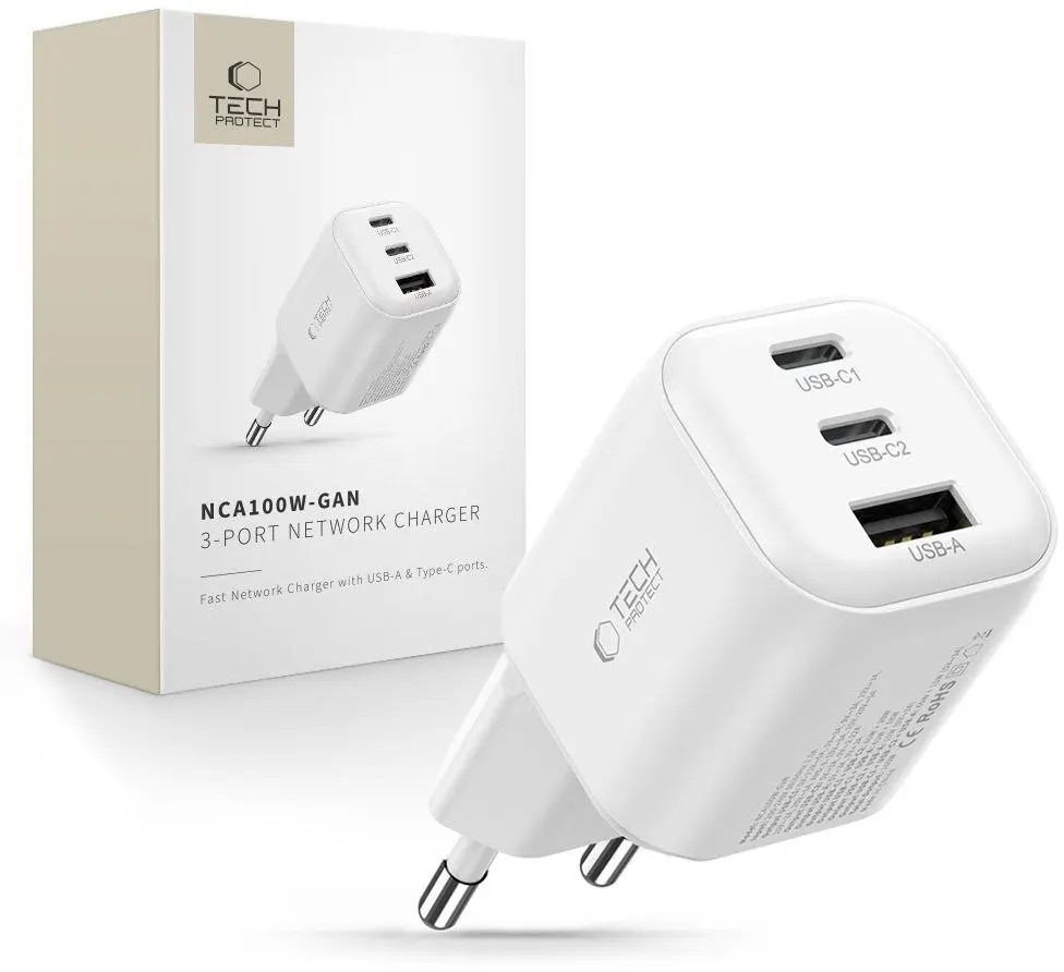 PowerNeed TECH-PROTECT NCA100W-GAN-AVS 3-portu tīkla lādētājs