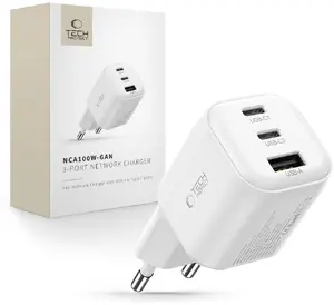 PowerNeed TECH-PROTECT NCA100W-GAN-AVS 3-Port Network Charger with Power Delivery 100W and Quick Charge 3.0 White