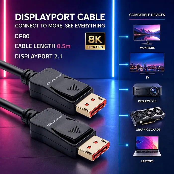Qoltec DisplayPort Cable v2.1 54 Gbps 0.5m Photo 2