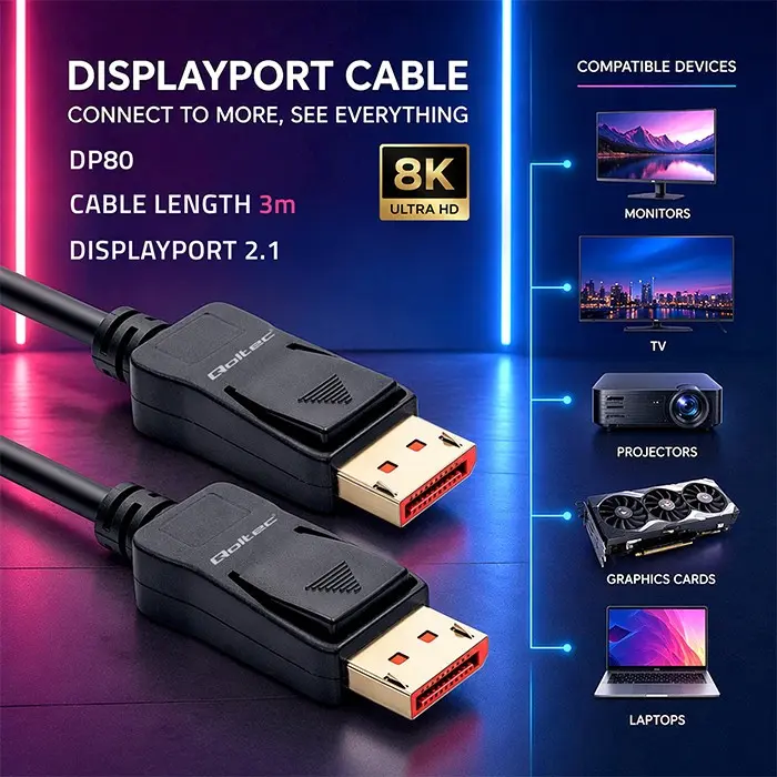 Qoltec DisplayPort v2.1 Cable 3m M/M Photo 2