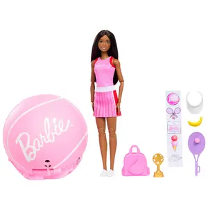 Barbie Team Roll and Reveal Tennis Player Doll and Accessories with Brunette Fashion Doll, 8 Surprises & Tennis Ball Encasement