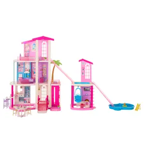 MATTEL Barbie DreamHouse Dollhouse JKG84 with 3 Levels, Elevator, 2 Pools, 2 Slides, and 65+ Accessories for Children Aged 3 Years and Older