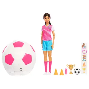 Barbie Team Roll and Reveal Soccer Player Doll and Accessories with Brunette Fashion Doll, 8 Surprises & Soccer Ball Encasement