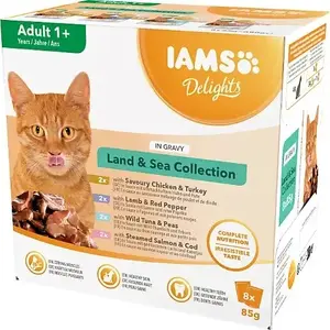 IAMS DELIGHTS Land & Sea Collection Wet Cat Food in Gravy Adult Mix of Flavours 8x85g