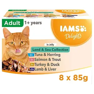 IAMS DELIGHTS Land & Sea Collection Wet Cat Food in Jelly 8x85g Adult Complete Feed Mix of Flavours
