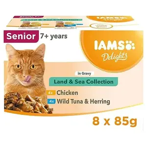 IAMS DELIGHTS Senior Land & Sea Collection in Gravy Wet Cat Food Mix of Flavours 8x85g