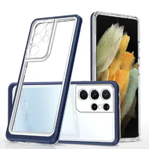 Hybrid Armor Clear 3in1 Case for Samsung Galaxy S22 Ultra Blue Frame Gel Cover