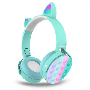 Goodbuy bezvadu bērnu austiņas ar Bluetooth 5.0, LED kaķa ausīm, POP IT dizainu, iebūvētu mikrofonu, FM radio un MicroSD slotu, zilas