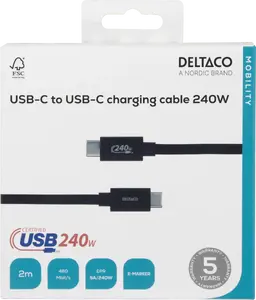 DELTACO USB 2.0 charging cable USBC-2112 EPR 240W braided black 2.0m