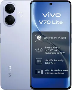 Смартфон Vivo V70 Lite 5G с дисплеем 6.77 дюйма, процессором MediaTek Dimensity 7400 Turbo, 6 ГБ ОЗУ, 256 ГБ памяти, камерой 50 МП и аккумулятором 6500 мАч, синий