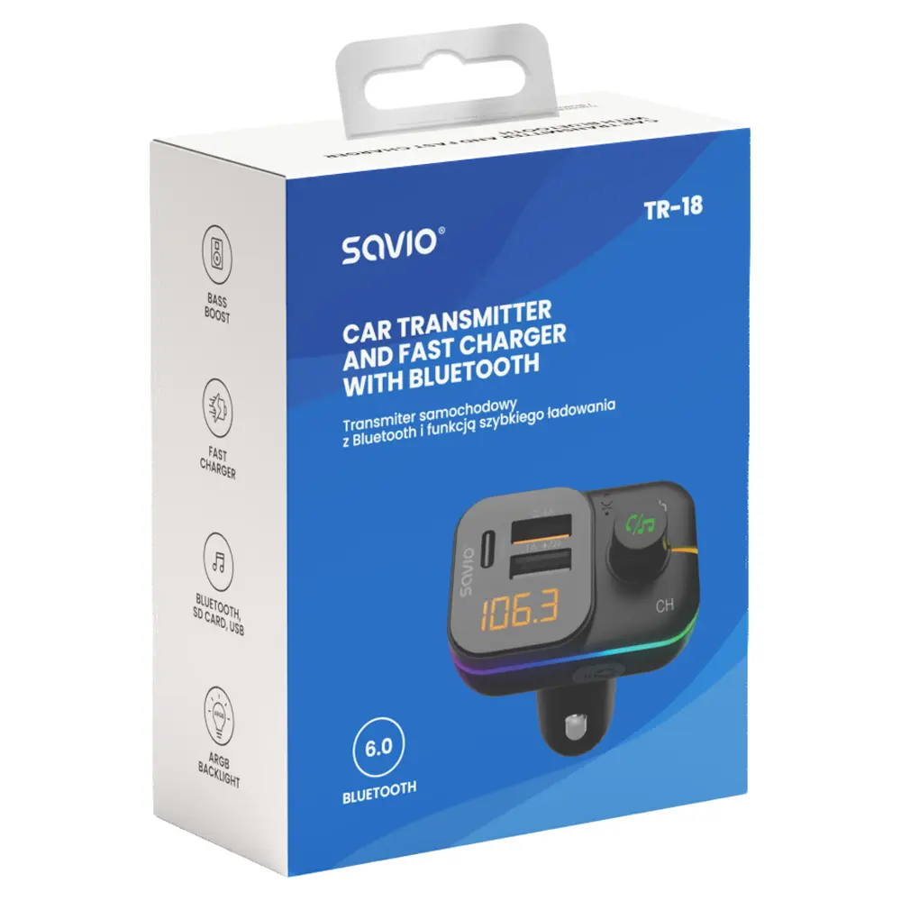 FM-трансмиттер SAVIO TR-18 с Bluetooth и LED-дисплеем Photo 5