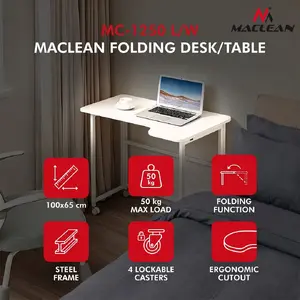 Maclean MC-1250 L/W Folding Desk White Mobile Corner L-Shaped 100x65 cm 50 kg