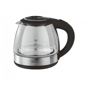 Electric Kettle Rosberg 555R51230Q with 1500W Power, 1L Capacity, Borosilicate Glass Body, LED Indicator, and 360-Degree Rotating Stand in Black
