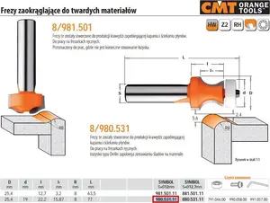 CMT 980.531.11 Rounding Over Router Bit for Hard Materials with Bearing, Radius 8 mm, Diameter 25.4 mm, Working Length 22.2 mm, Shank 12 mm