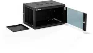 Alantec 19-inch 6U Wall-Mount Cabinet with Glass Door, Removable Side and Rear Panels, 4 Mounting Rails, Black, Flat Pack