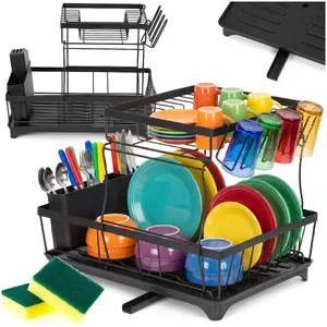 Springos Large 2-Tier Black Dish Drying Rack with Drip Tray and 360° Spout