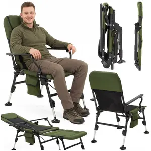 Springos CS0192 Folding Fishing Chair in Dark Green and Black with 5-Position Adjustable Backrest, Mud Feet, and 140 kg Capacity