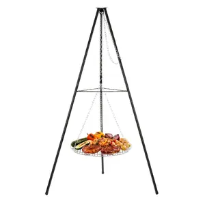 Trīskāju ugunskura grils Springos BQ0035 ar 51 cm režģi, augstuma regulēšanu, melns un sudraba