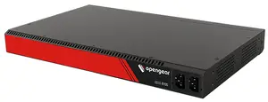 Opengear CM8132-10G console server with 32 RS-232 serial ports, 2x 10GbE SFP+ ports, Python and Perl support, black and red enclosure