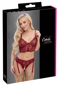 Veļas komplekts Cottelli Collection Bra Set with Chains S Garais bezstiepļu krūšturis un atvērtas biksītes ar zeķturiem Tumši sarkana mežģīne