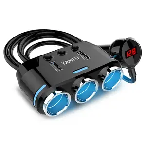 Toptel Car Cigarette Lighter Socket Splitter B39 Type C with 3 Sockets 2 USB Ports 100W Display and Cable