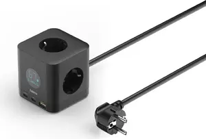 Hama 3 kontaktligzdu kubs ar 2x USB-C, 1x USB-A, 67 W, displeju, 1.4 m vadu, melns