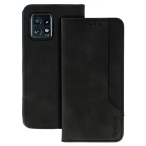 Wonder Prime Case for Motorola Edge 40 Pro Black - Vintage Eco Leather Flip Cover with Card Pockets and Stand Function
