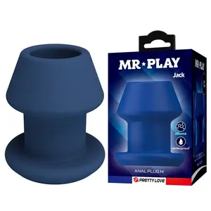 MR PLAY JACK Blue Silicone Hollow Anal Plug Size M waterproof toy with open-channel design