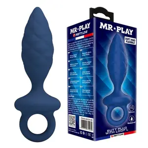 MR PLAY MR PLAY - TEXTURED ANAL PLUG WITH RING BLUE L Silicone Waterproof with Retrieval Ring