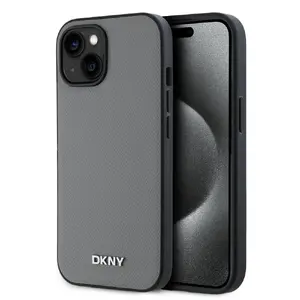 Чехол DKNY PU Leather Silver Metal Logo Magsafe для iPhone 13 серый
